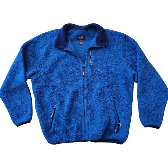 LL Bean XL Tall Blue Full Zip Fleece Jacket Pockets Stand Collar Deep Pile